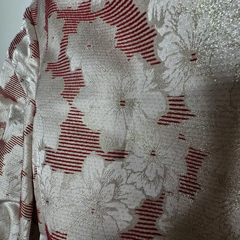 Belle Badgley Mischka Red & Gold Metallic Stripe Floral Balloon Sleeve Dress 2